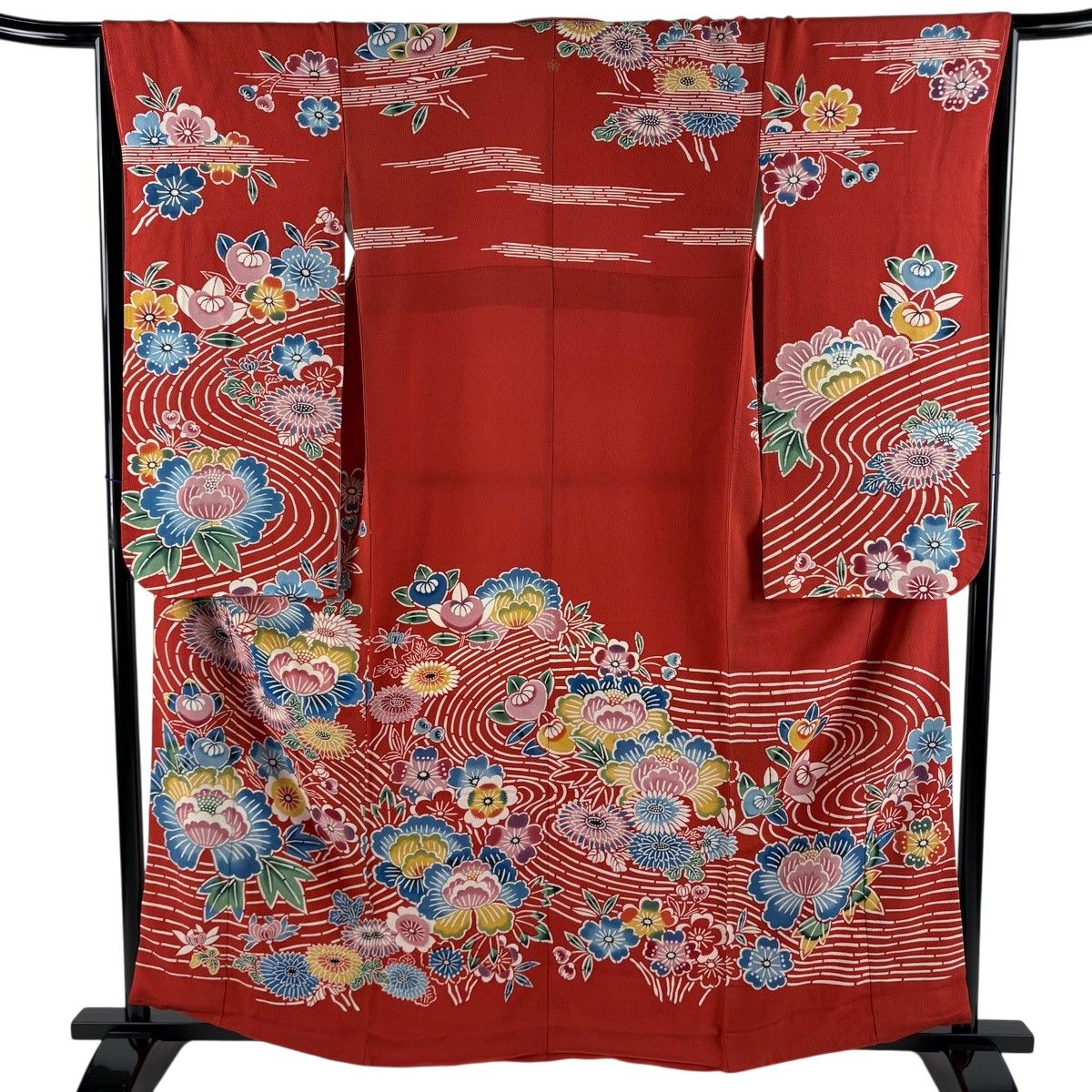 振袖 身丈161cm 裄丈64cm M 袷 菊 流水 縮緬 赤 正絹 秀品 一つ紋 【中古】