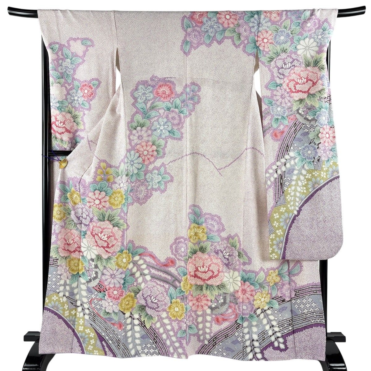 振袖 身丈165cm 裄丈70.5cm L 袷 牡丹 桜 薄紫 正絹 秀品 【中古】