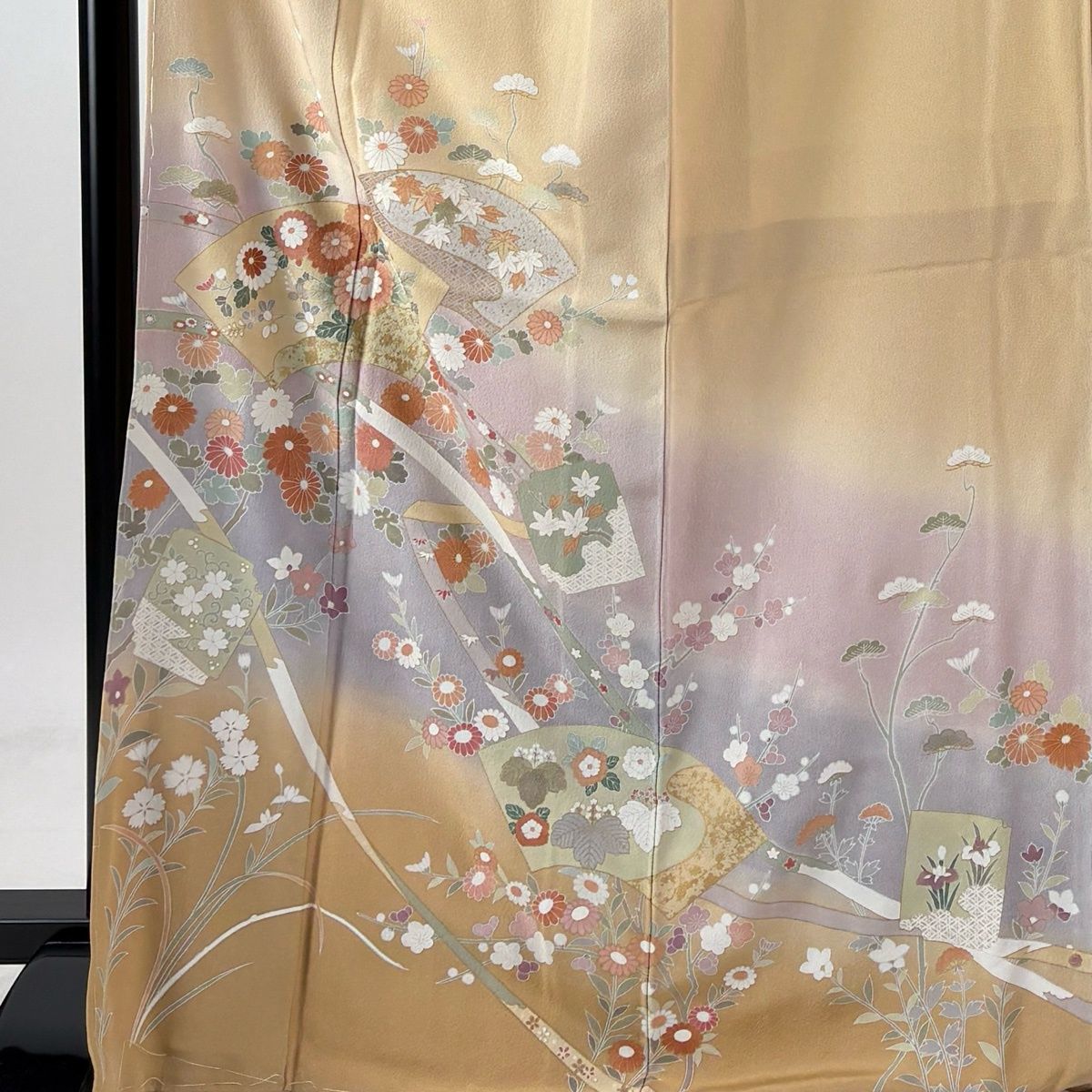 美品】 訪問着 身丈170cm 裄丈68.5cm L 袷 袋帯セット 扇面 草花 金彩 