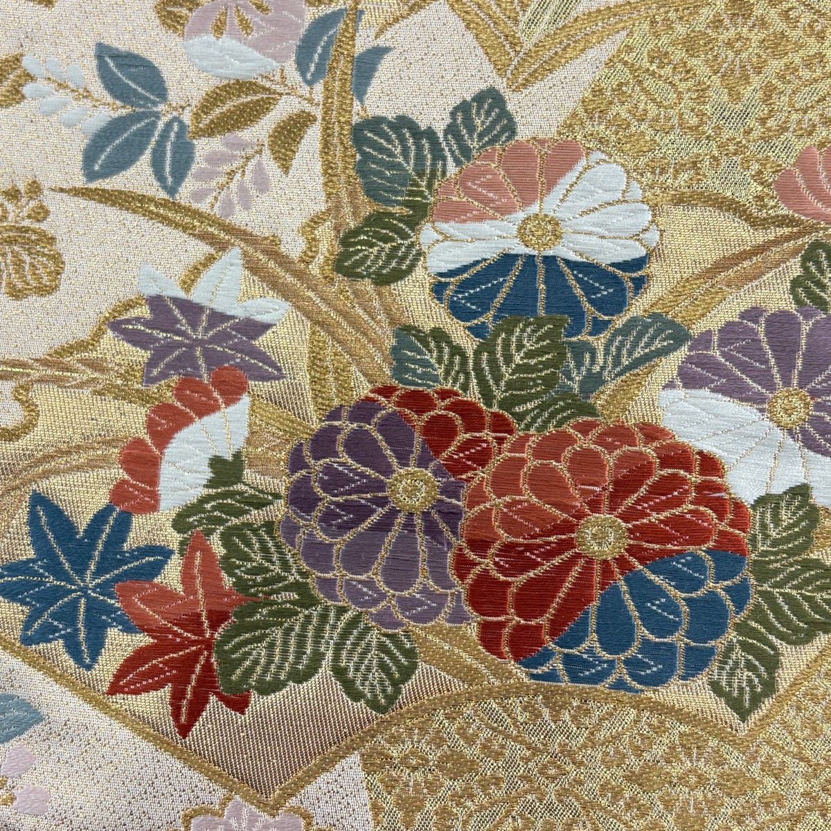 美品】 訪問着 身丈170cm 裄丈68.5cm L 袷 袋帯セット 扇面 草花 金彩 