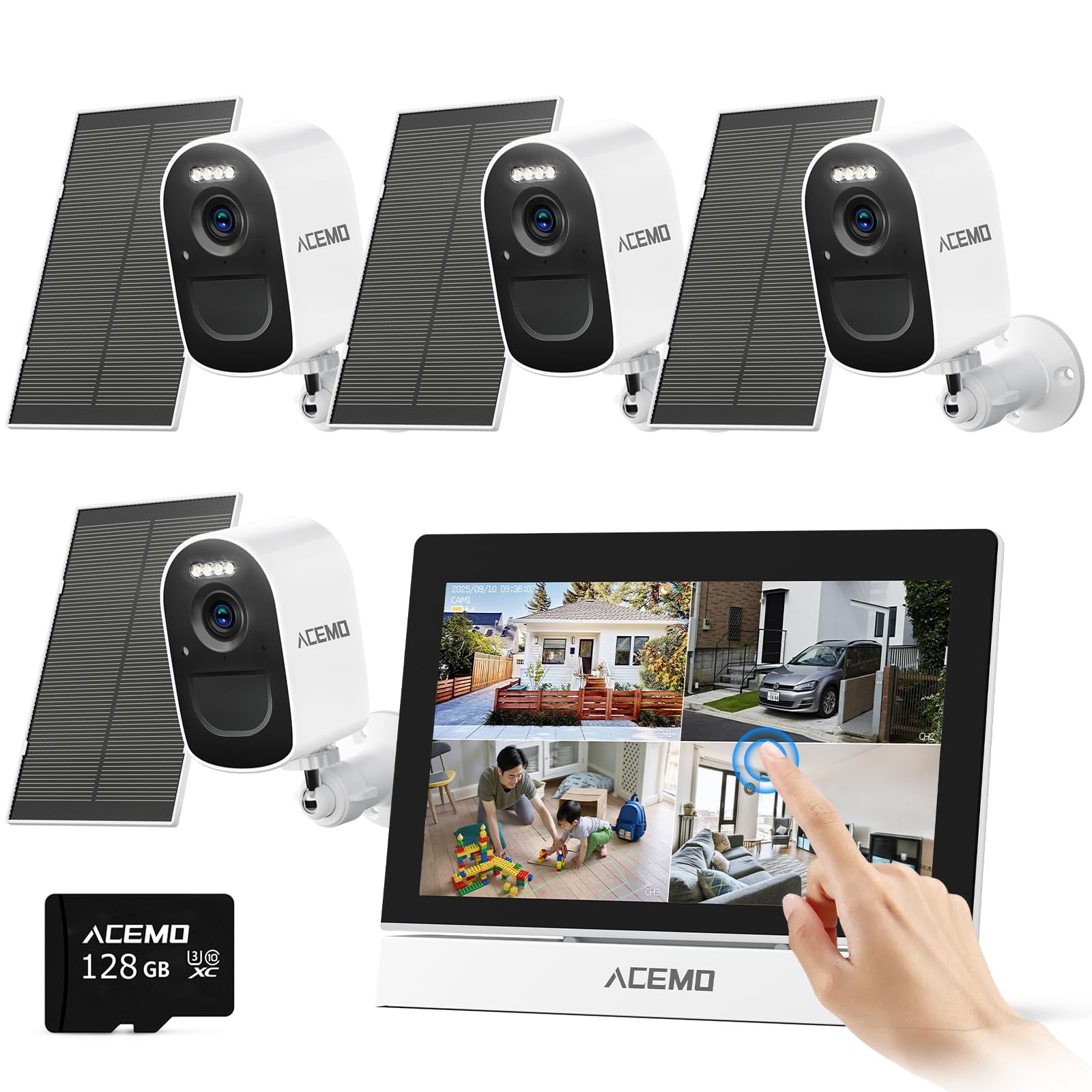★新品★【タッチパネルモニター付き】ACEMO 防犯カメラ 屋外 ソーラー モニター付き 4台セット 400万画素 2.4G＆5GHzWiFi 監視カメラ 屋外 電源不要 128G SDカード付き 防犯カメラ ワイヤレス EseeCloud スマホ対応/動体検