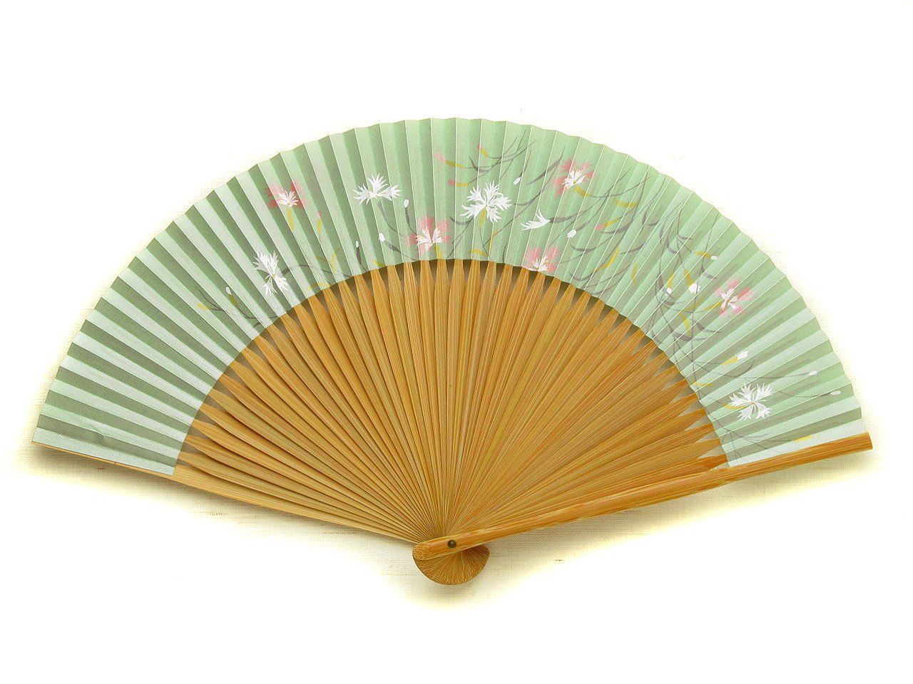 京扇子 なでしこ(うす緑) 日本製 女性用 扇子 京都 レディース 紙扇子 両面貼り 職人 手作り 自分用 ギフト 贈り物 お土産 縦20cm×開いた時の横幅34.5cm