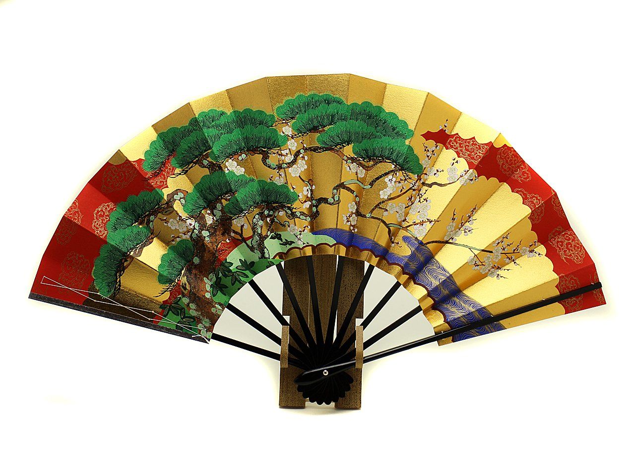 京扇子 飾り扇子 松竹梅 日本製 9寸5分 京都 両面 扇子立て付 箱入 職人 手作り 和柄 玄関飾り インテリア 和風 正月飾り 表裏柄違い 縦29×開いた時の横幅51cm