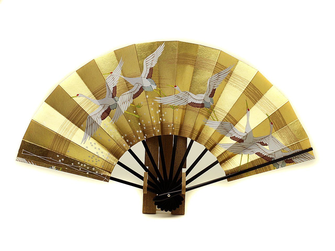 京扇子 飾り扇子 五羽鶴 日本製 9寸5分 京都 両面 扇子立て付 箱入 職人 手作り 和柄 玄関飾り インテリア 和風 正月飾り 縦29×開いた時の横幅51cm