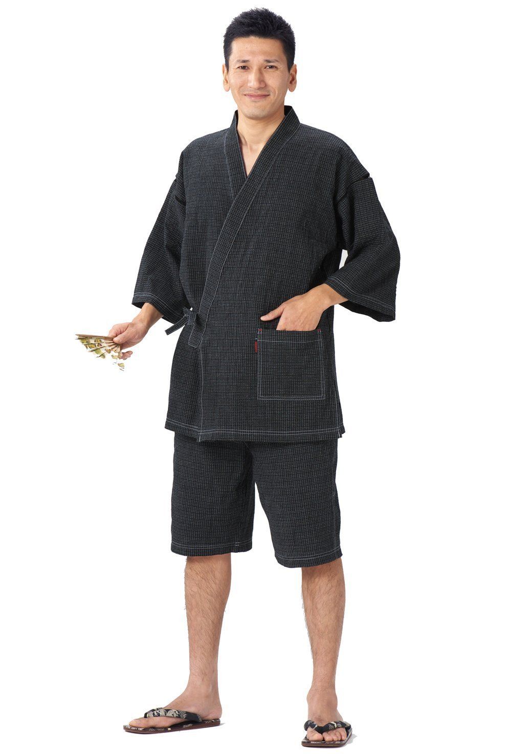 綿の郷(ワタノサト) 久留米ちぢみ織文人柄甚平 品質本位 日本製 サイズ S/M/L/LL/3L (3L, black)