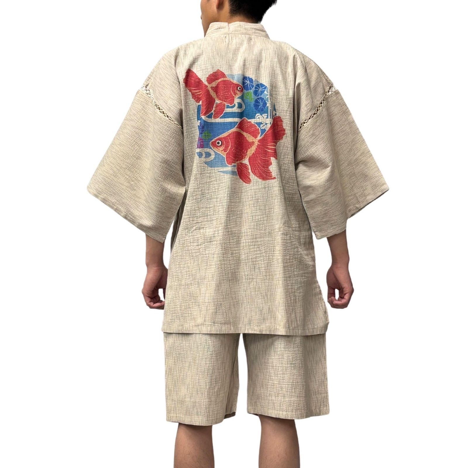 [江戸てん] 甚平 メンズ 綿100% しじら織 涼しい 夏 和柄 捺染プリント（金魚柄）【涼風金魚シリーズ】 メンズ 金魚と朝顔 ベージュ L