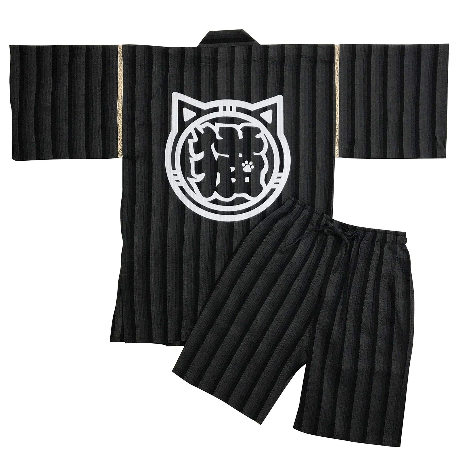[江戸てん] 甚平 しじら織りメンズ 和柄プリント 猫と和古典モチーフ【和猫縁起堂】綿100％ 涼しい 夏用 江戸文字猫 グレーストライプ M