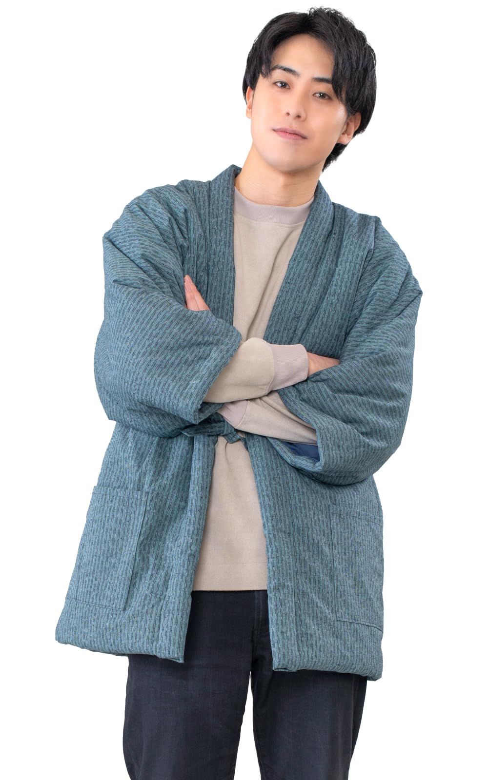 [あい藍] 日本製 久留米綿入れ半纏 メンズはんてん どてら ちゃんちゃんこ ((板締め柄(グリーン))