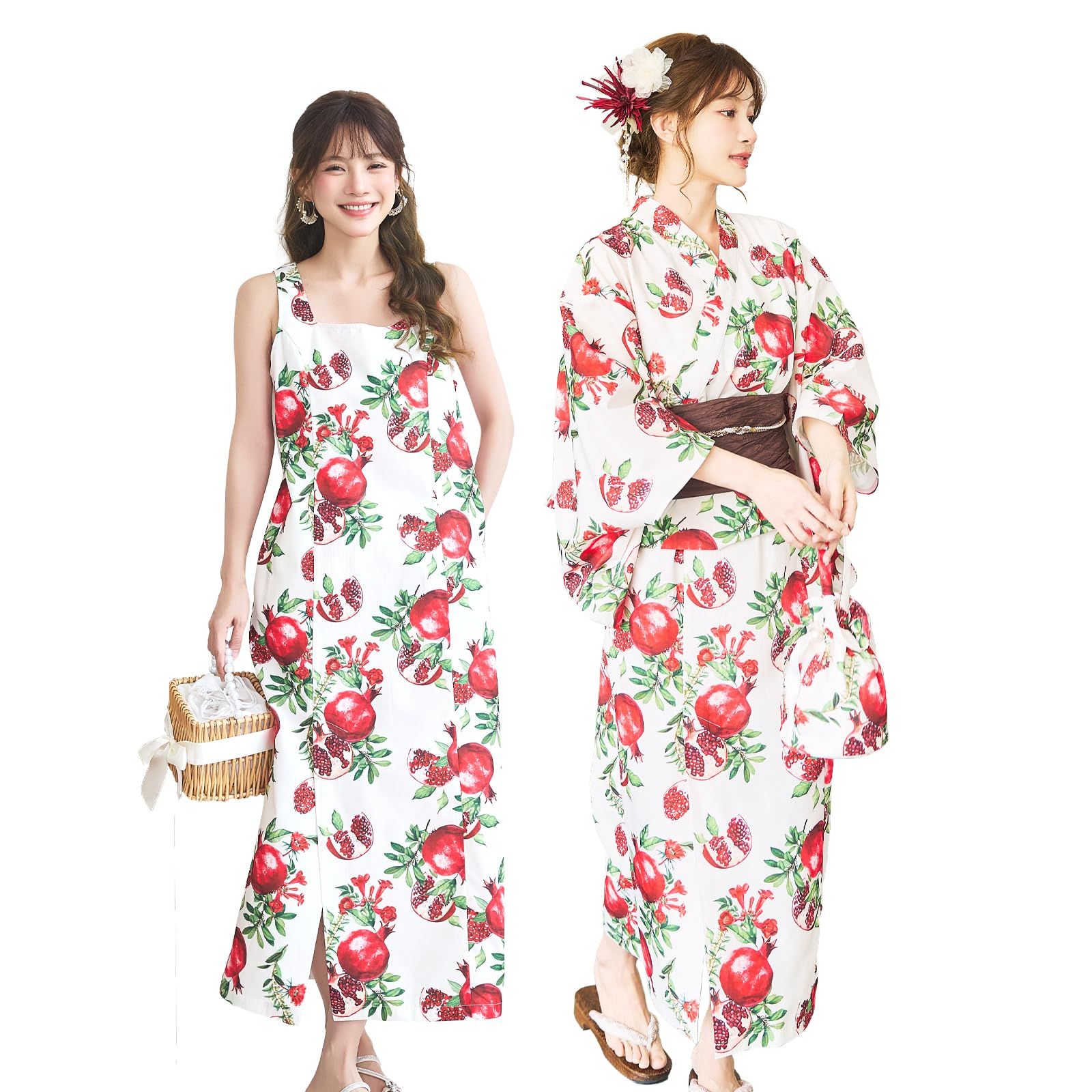 [Malymoon] 浴衣 ワンピース 2way 花柄 ベージュ イチジク柄 赤色 上品 夏祭り 和装 和服 マリームーン 4点セット YK2610333 (アイボリー, フリー)