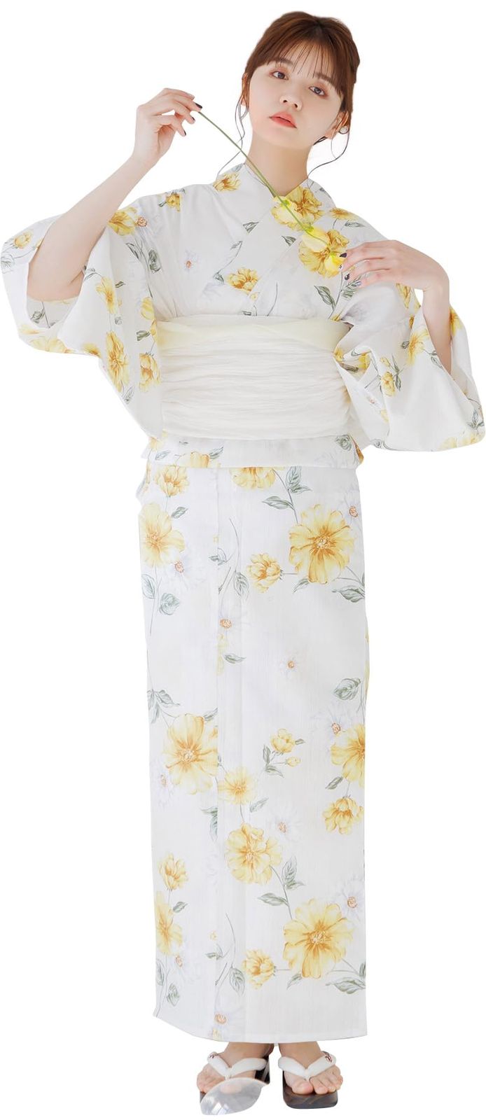 （ディータ）Dita レディース 浴衣 5点セット 白 黄色 緑 花 水彩 ナチュラル 1人で簡単着付け (夏天の花ごろも, FREE(フリーサイズ))