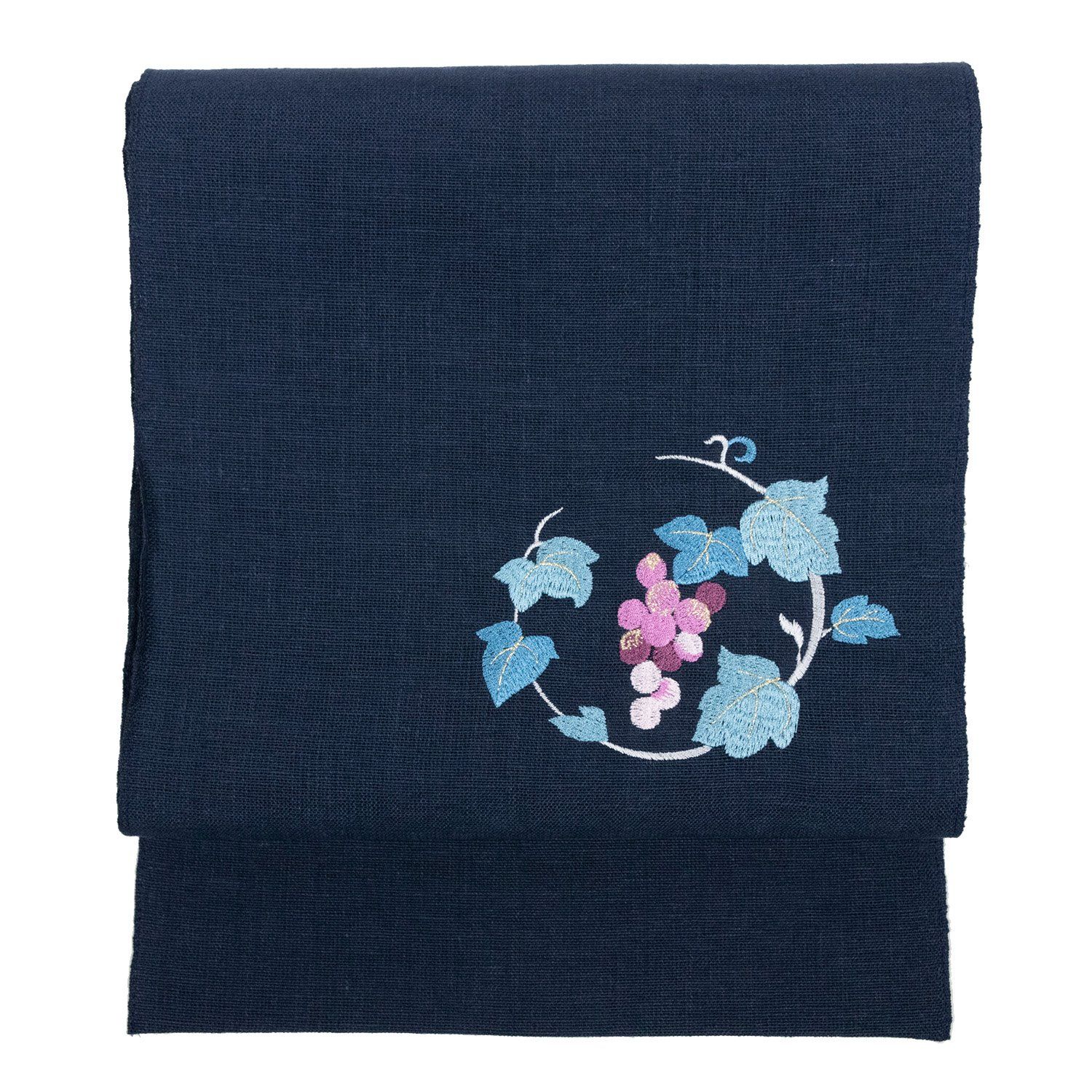 [KYOETSU] [キョウエツ] 帯 麻 八寸 名古屋帯 刺繍 日本製 レディース (蔦ブドウ×紺)