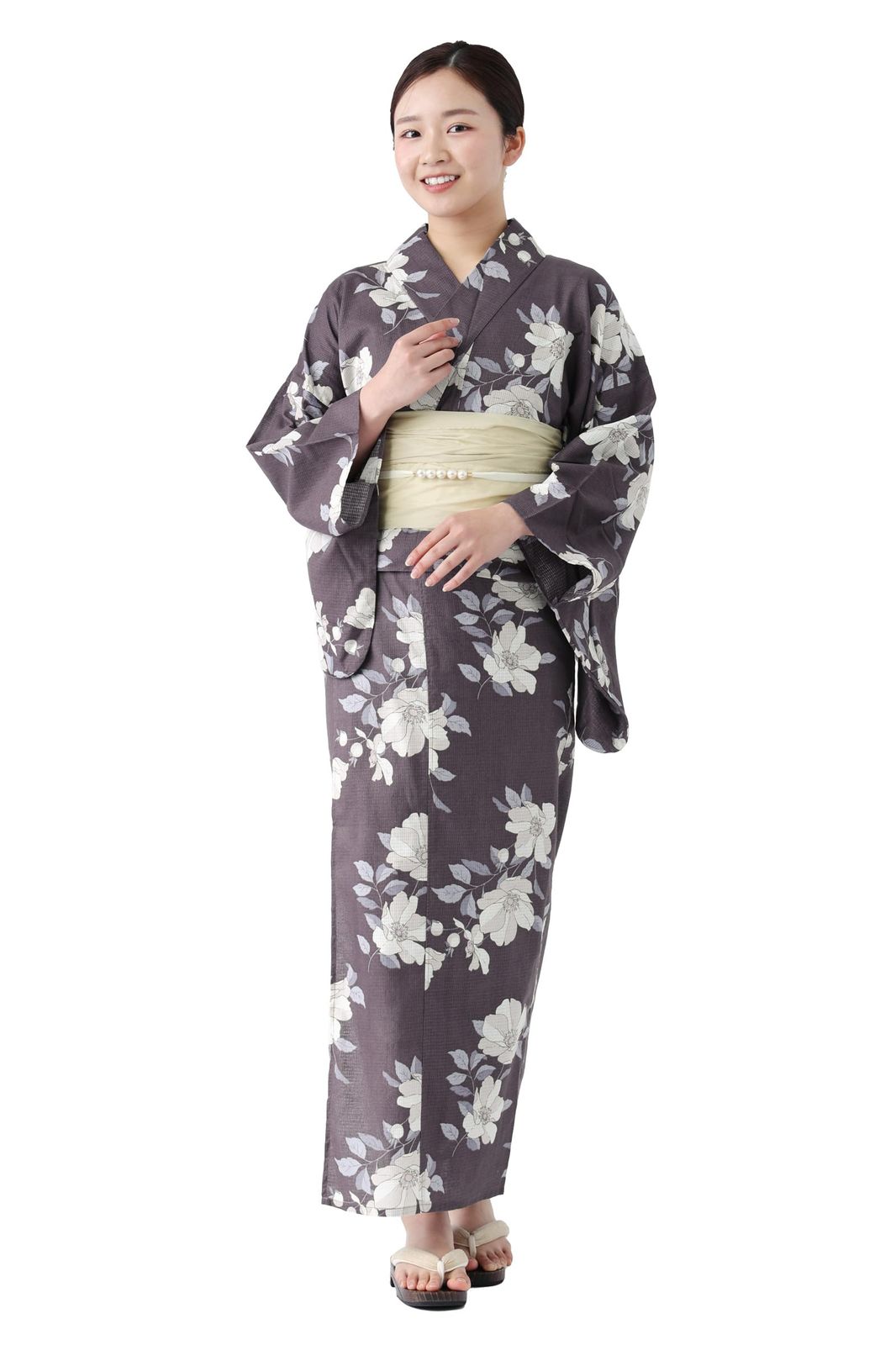 [たゆたふ] セパレート浴衣 3点 セット 帯 下駄 花柄 簡単 二部式 兵児帯 浴衣セット レディース かわいい おしゃれ 花火大会 夏祭り 小さいサイズ 大きいサイズ B チャコールブラウン系ひなげし柄 L