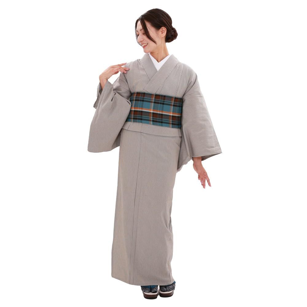 [京都きもの友禅] 洗える着物 ヒッコリー 小紋 日本製 単衣 レディース 女性 仕立て上がり ストライプ (グレー, L)