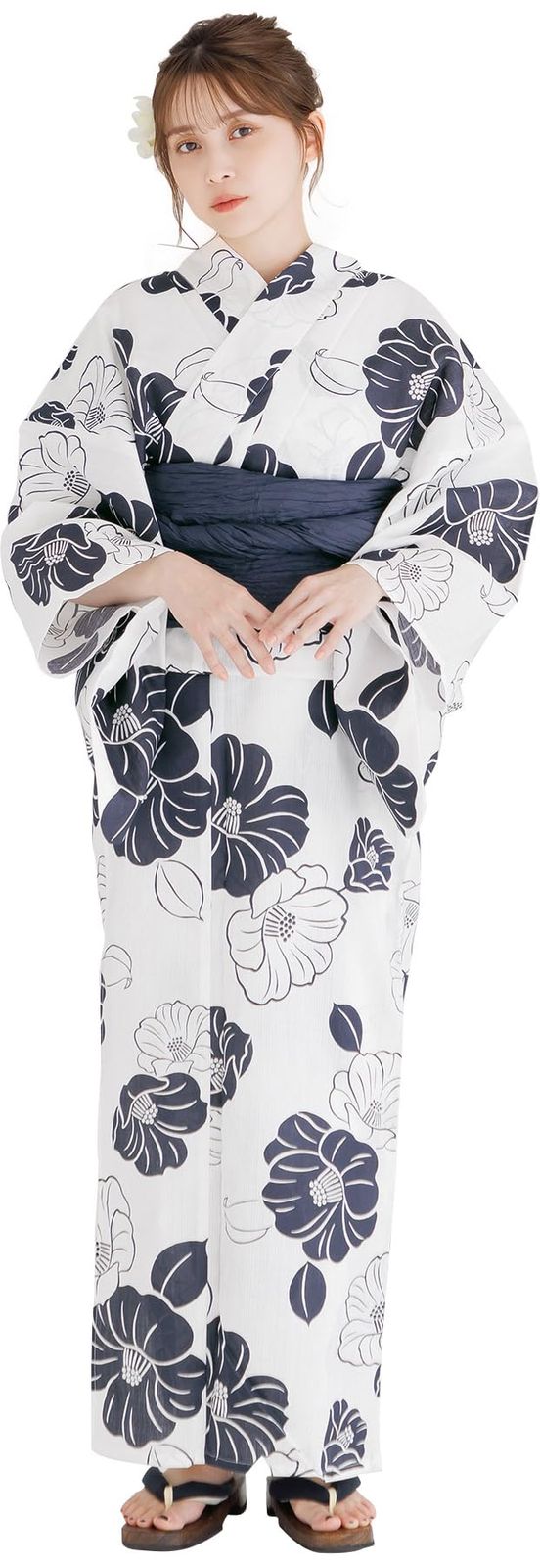 （ディータ）Dita レディース 浴衣 5点セット 兵児帯 紺 青 白 梅 花柄 古典 和風 レトロ シンプル 1人で簡単着付け (京の古典椿, FREE(フリーサイズ))