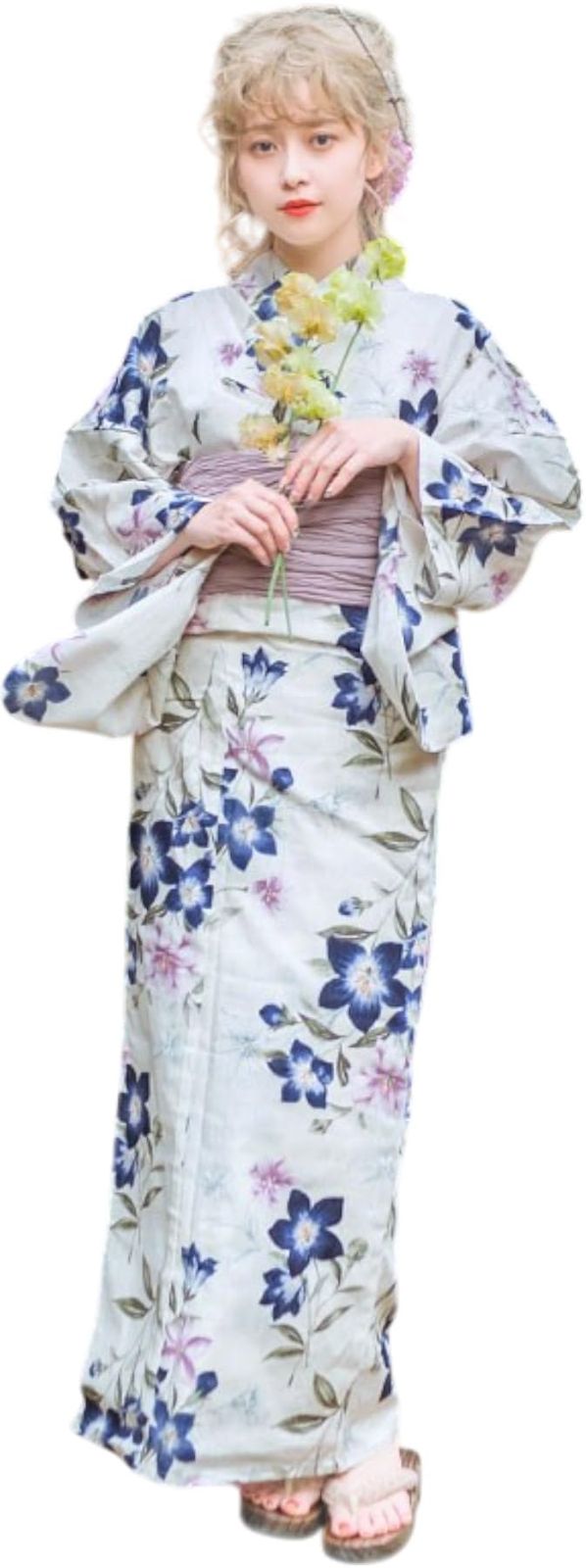 （ディータ）Dita レディース 浴衣 5点セット 兵児帯 紺 紫 白 灰色 和風 シンプル 上品 金魚 桔梗 花 1人で簡単着付け (1.京藤色の桔梗しらべ, FREE(フリーサイズ))
