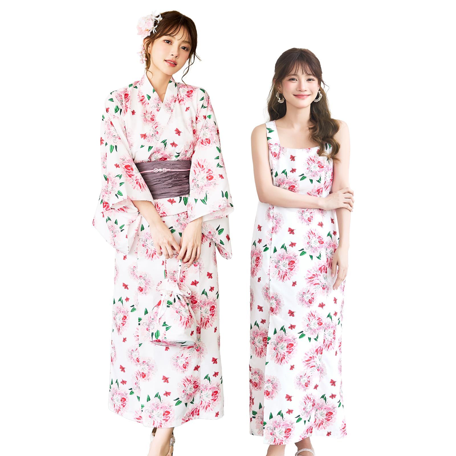 [Malymoon] 浴衣 ワンピース 2way 花柄 白色 夏祭り マリームーン 4点セット YK2610328 (ホワイト, フリー)