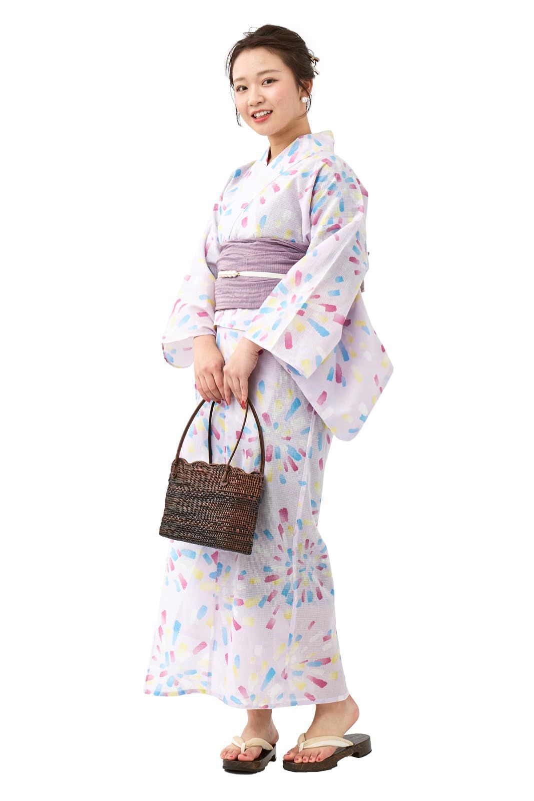 [たゆたふ] セパレート浴衣 3点 セット 帯 下駄 花柄 簡単 二部式 兵児帯 浴衣セット レディース かわいい おしゃれ 花火大会 夏祭り 小さいサイズ 大きいサイズ (A 花火柄 マルチ, M)