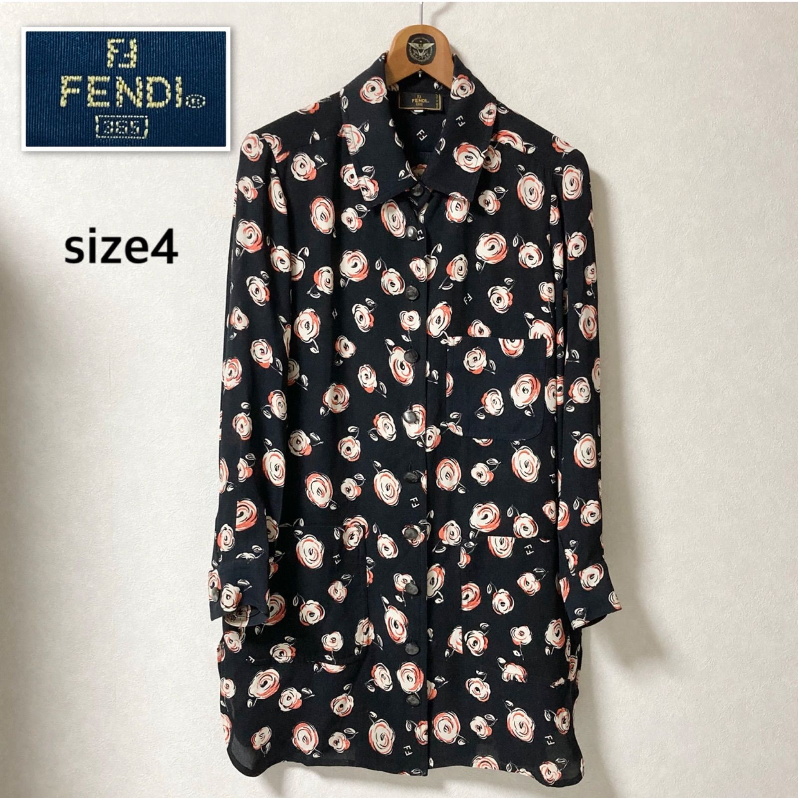■美品■カールラガーフェルド期■FENDI 365 フェンディ　ローズ＆FFロゴ総柄　シャツジャケット　ロングシャツ　チュニック　シルク100% 　ブラック×ホワイト、オレンジ　size4(M〜L) イタリア製　レディース　オールドフェンディ