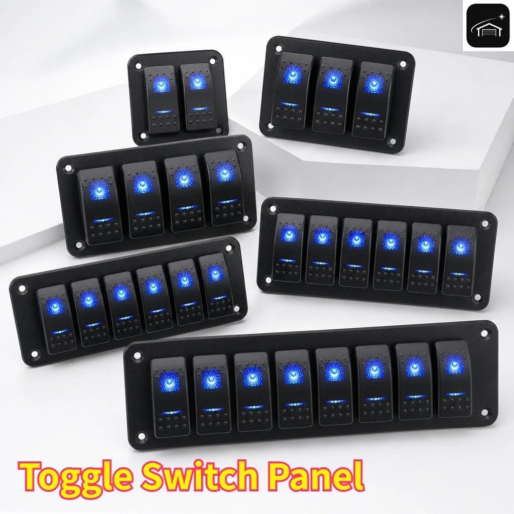 青色LEDロッカースイッチパネル 12V/24V 3～8連 5ピン トグルスイッチ一体型ボックス マリントレーラー制御システム カスタムパーツ
