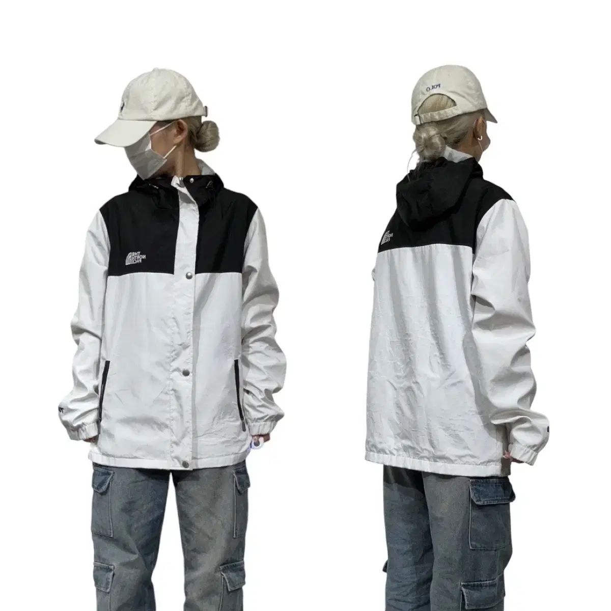 THE NORTH FACE ザノースフェイス 白 ブラック オーバーサイズ フード ウィンドブレーカー トラック ジャケット M