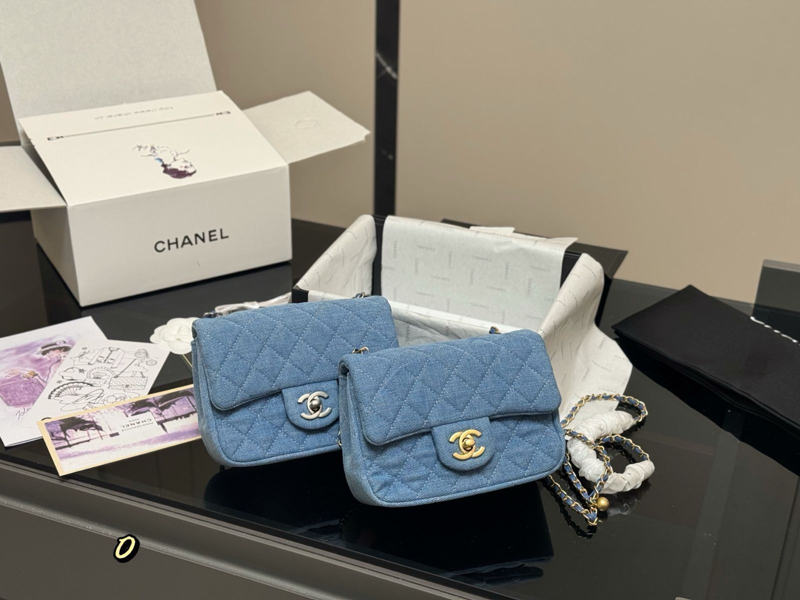 【今日特価】Chanel シャネル デニム ゴールドボール クォード ミニバッグ（17×13cm）