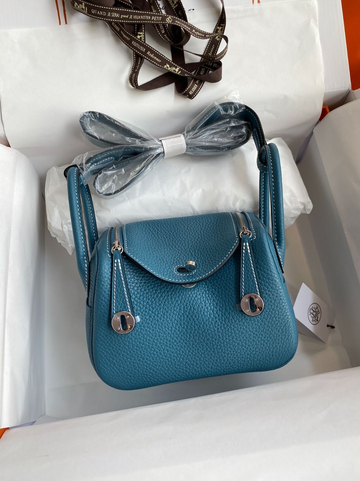 エルメス mini lindy デニム ブルー シルバー バックル レディース クロスボディ バッグ｜本日限定特価｜新品未使用