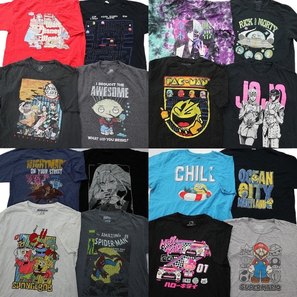 古着卸 まとめ売り キャラクター Tシャツ 14枚セット ( メンズ Ｓ ) 総柄 スポンジボブ 鬼滅の刃 マーベル ナルト 中古 古着 NF9014 古着卸 まとめ売り キャラクター Tシャツ 16枚セット ( メンズ L