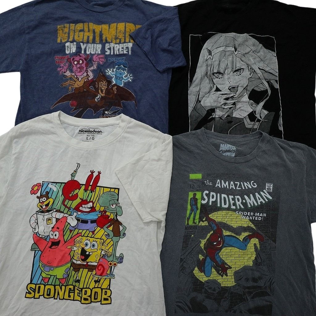 古着卸 まとめ売り キャラクター Tシャツ 14枚セット ( メンズ Ｓ ) 総柄 スポンジボブ 鬼滅の刃 マーベル ナルト 中古 古着 NF9014 古着卸 まとめ売り キャラクター Tシャツ 16枚セット ( メンズ L