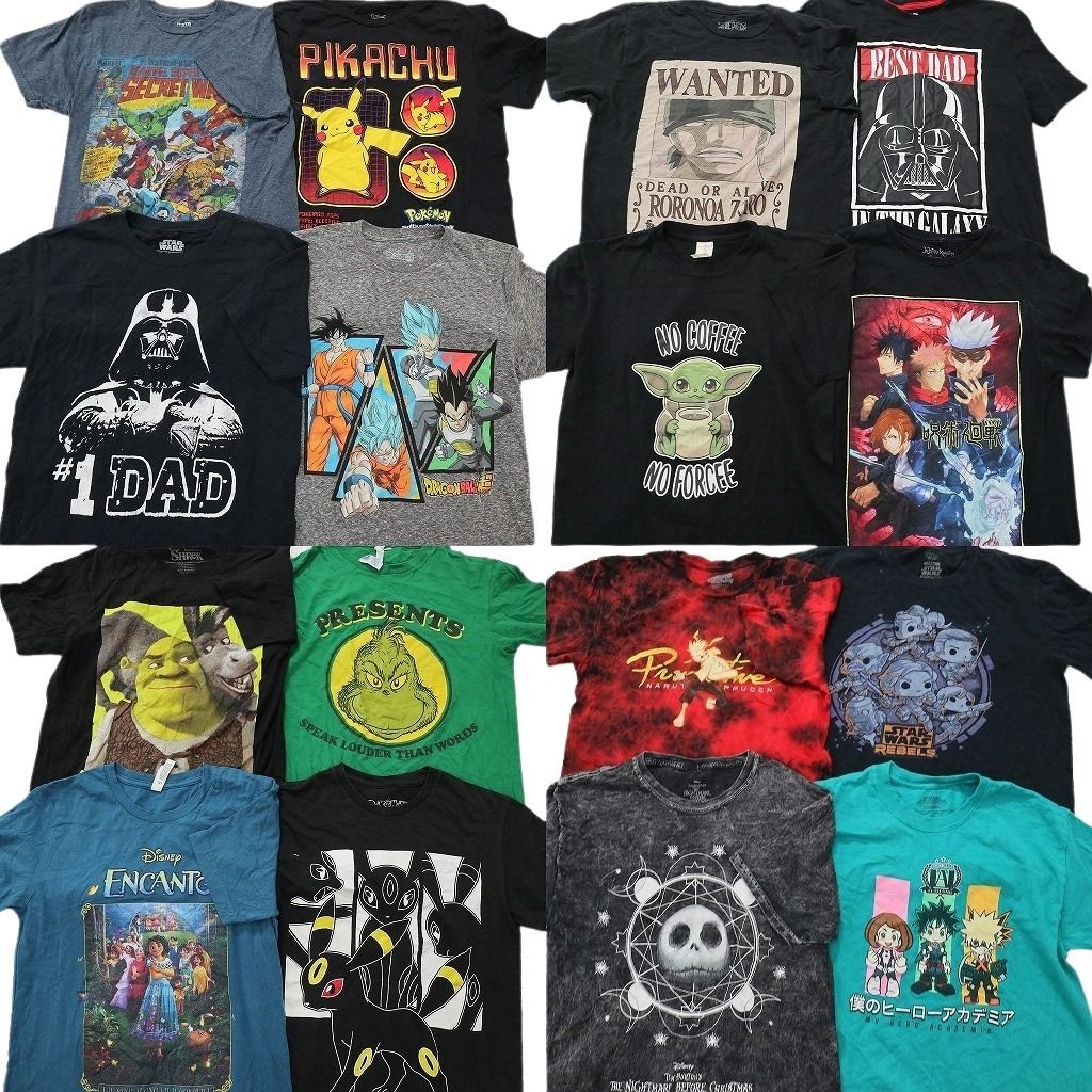 古着卸 まとめ売り キャラクター Tシャツ 16枚セット ( メンズ S ) ヒロアカ グリンチ ディズニー ポケモン ワンピース 中古 古着 NF7395 古着卸 まとめ売り キャラクター Tシャツ 16枚セット ( メンズ S