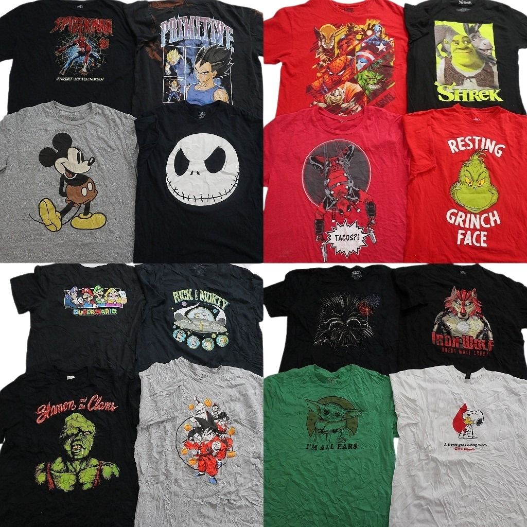 古着卸 まとめ売り キャラクター Tシャツ 16枚セット ( メンズ 2XL ) スヌーピー ドラゴンボール マリオ グリンチ ディズニー 中古 NF7421 古着卸 まとめ売り キャラクター Tシャツ 16枚セット ( メンズ 2XL
