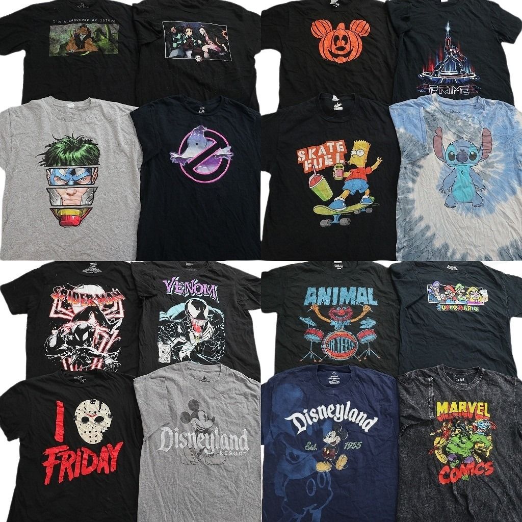 古着卸 まとめ売り キャラクター Tシャツ 16枚セット ( メンズ L ) マーベル ディズニー ホラー シンプソンズ 鬼滅の刃 中古 古着 NF7437