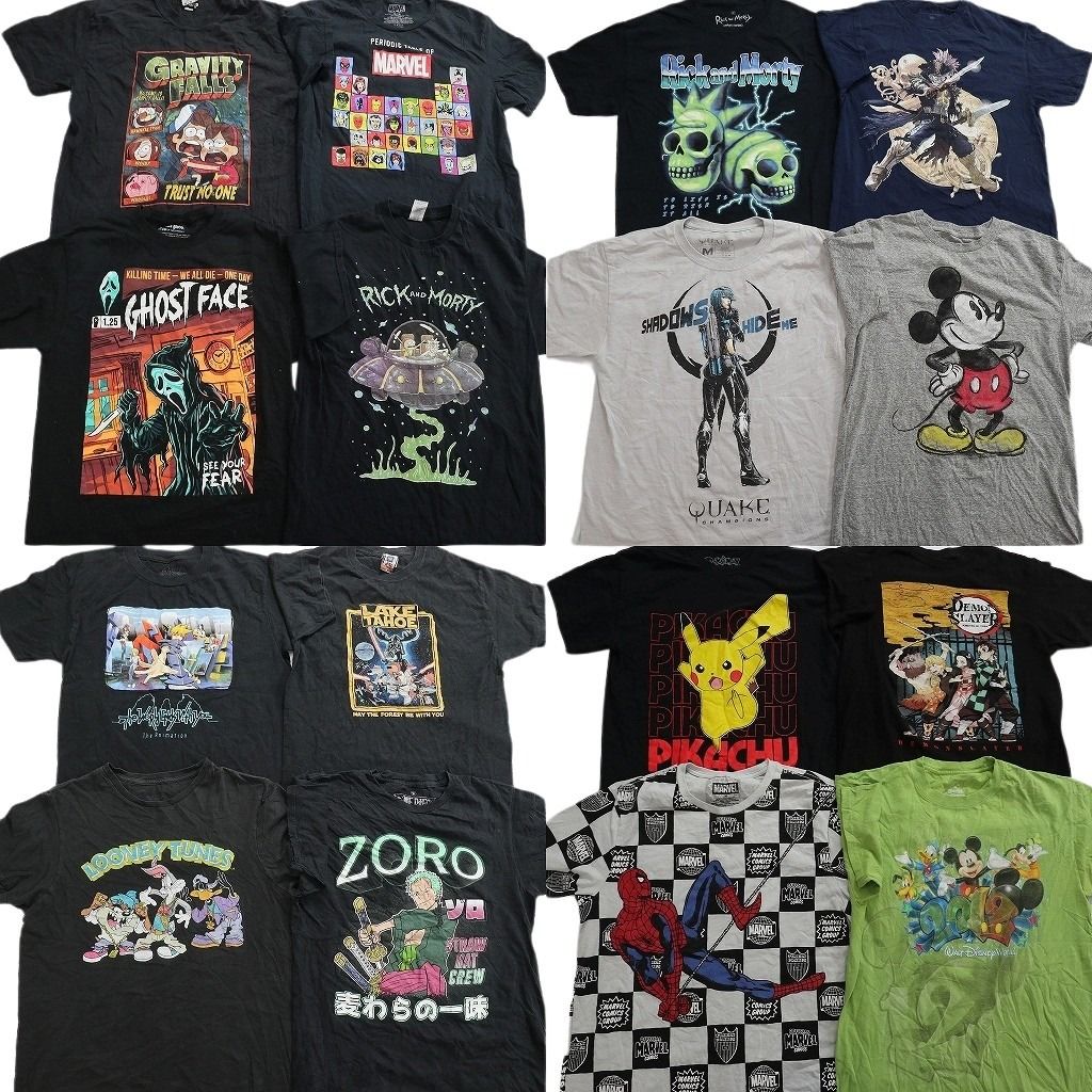 古着卸 まとめ売り キャラクター Tシャツ 16枚セット ( メンズ M ) スパイダーマン 鬼滅の刃 ミッキーマウス ピカチュウ 中古 古着 NF7521
