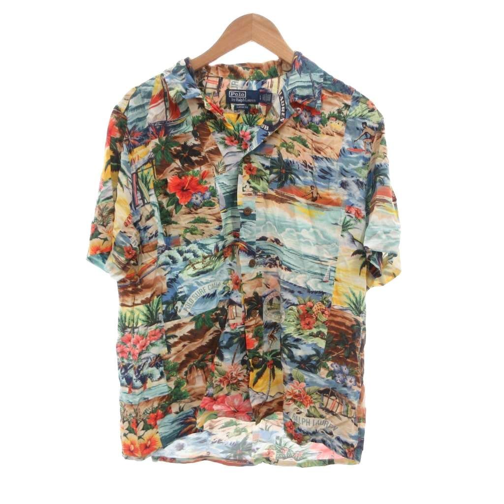 ポロ バイ ラルフローレン Polo by Ralph Lauren アロハシャツ レーヨン 半袖 トロピカル 総柄 L ライトブルー /JS ■ECG007 23,175円