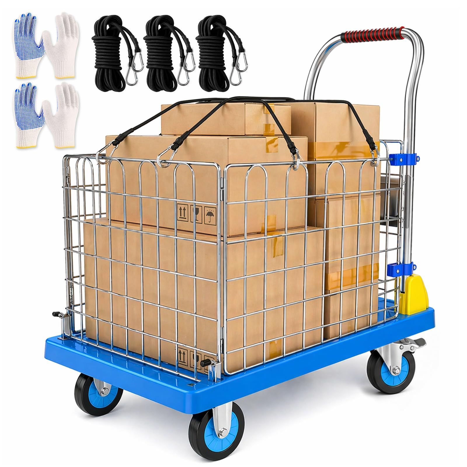 新商品 耐荷重200kg/400kg ブレーキ付き 小型 大型 運搬車 カゴ台車 リヤカー 収納バスケットカート 折りたたみ式 2WAY 静音 軽量設計 農業/ガーデン/倉庫/業務/家庭用 STEEL-LAND 防散乱ネット3本＆滑り止め手袋2組付属（カゴサイ