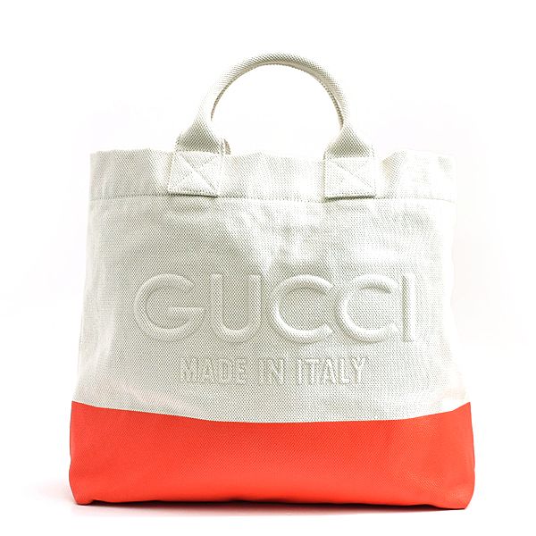 グッチ バッグ メンズ レディース エンボスロゴ トートバッグ キャンバス ナチュラル オフホワイト オレンジ GUCCI 782741 中古