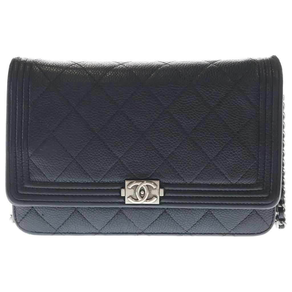 CHANEL (シャネル) ボーイシャネル キャビアスキン シルバー金具 チェーンウォレット ショルダーバッグ ブラック