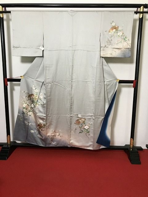 【中古】Sサイズ 付け下げ 正絹 グレー地に地紙模様