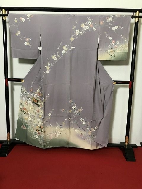 【中古】Sサイズ 訪問着 正絹 薄紫地に地紙模様