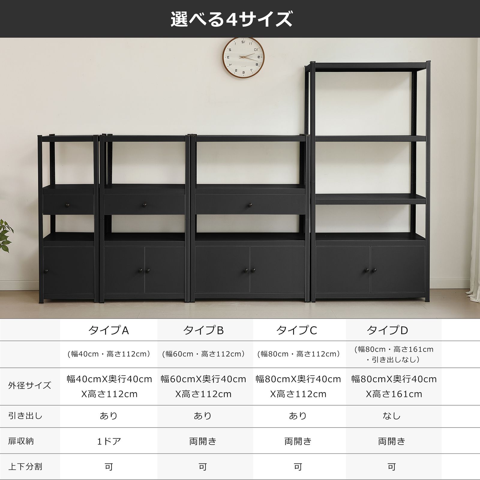 【幅80*奥行40*高さ112cm】スチールラック 高さ調整可 扉・引出し収納付 スチールラック 幅80cm 高さ調整可能 扉付き 引き出し付き 収納ラック