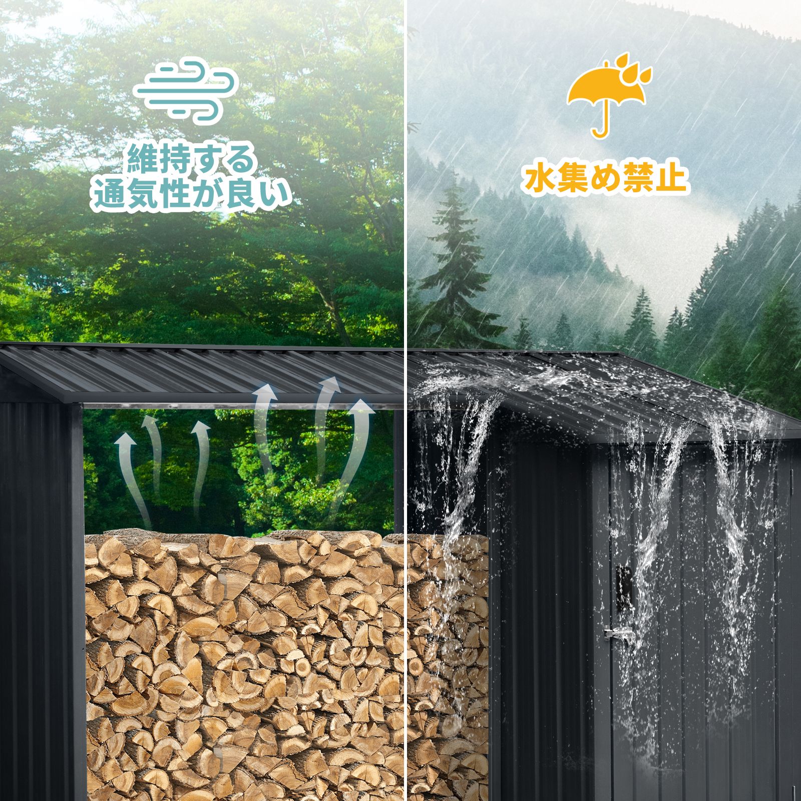 薪ラック 物置 屋外用 スチール 両開きドア 施錠可能 防水 シルバー