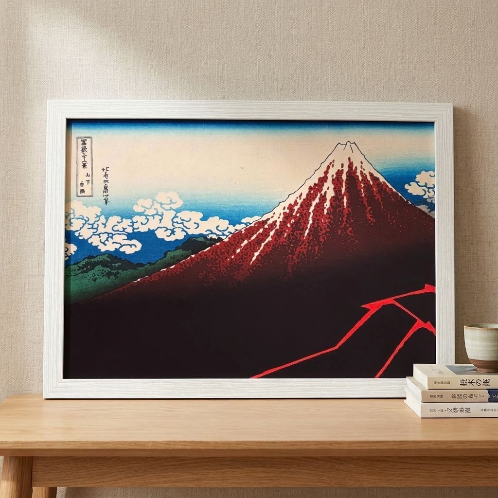 葛飾北斎 冨嶽三十六景 第3景 山下白雨 A4額付き 黒富士 浮世絵 複製画