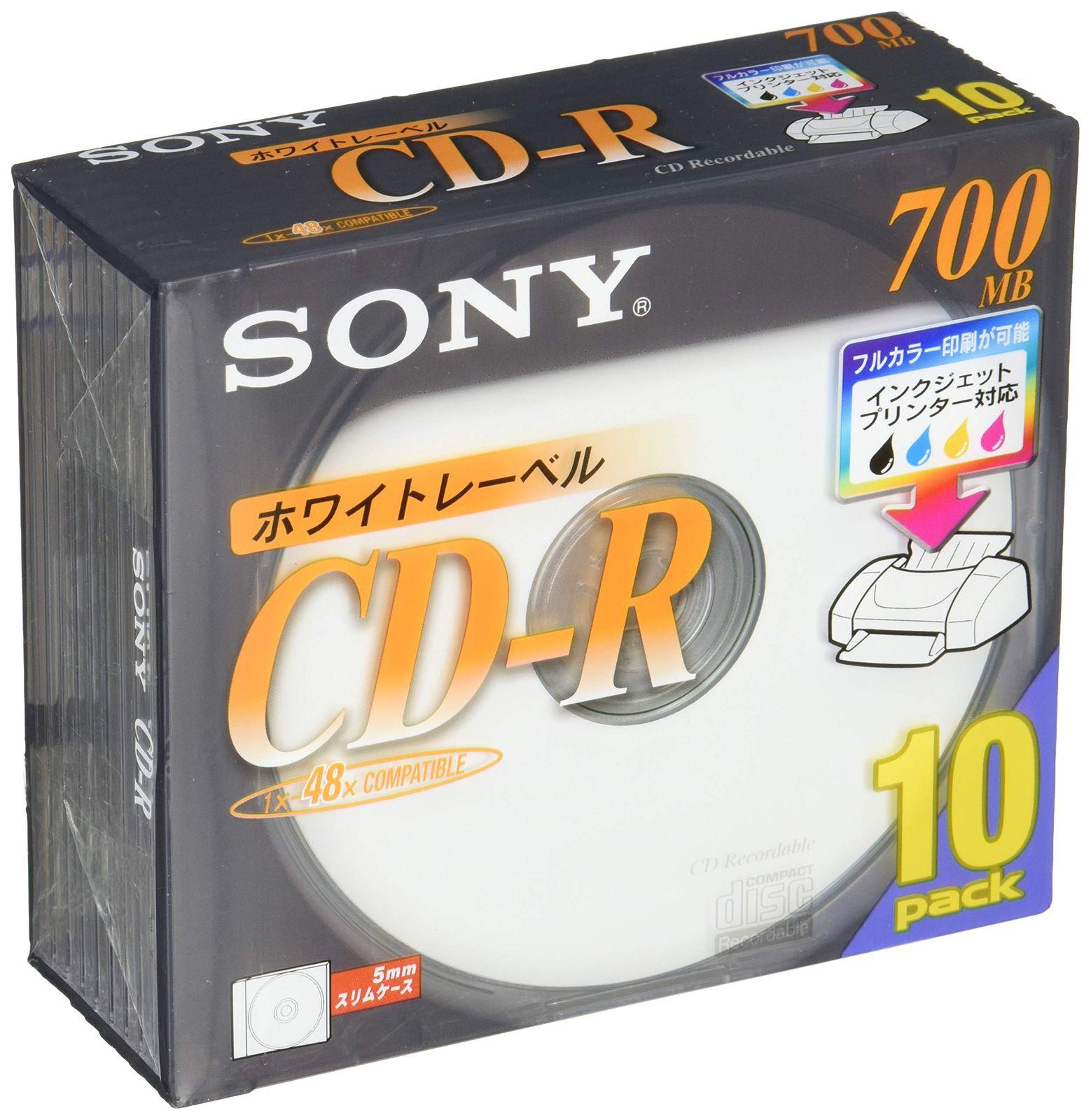 소니 CD-R 미디어 1-48x 5mm 케이스, 10매, 10CDQ80DPWS [10매] [디스크 인쇄: 예]