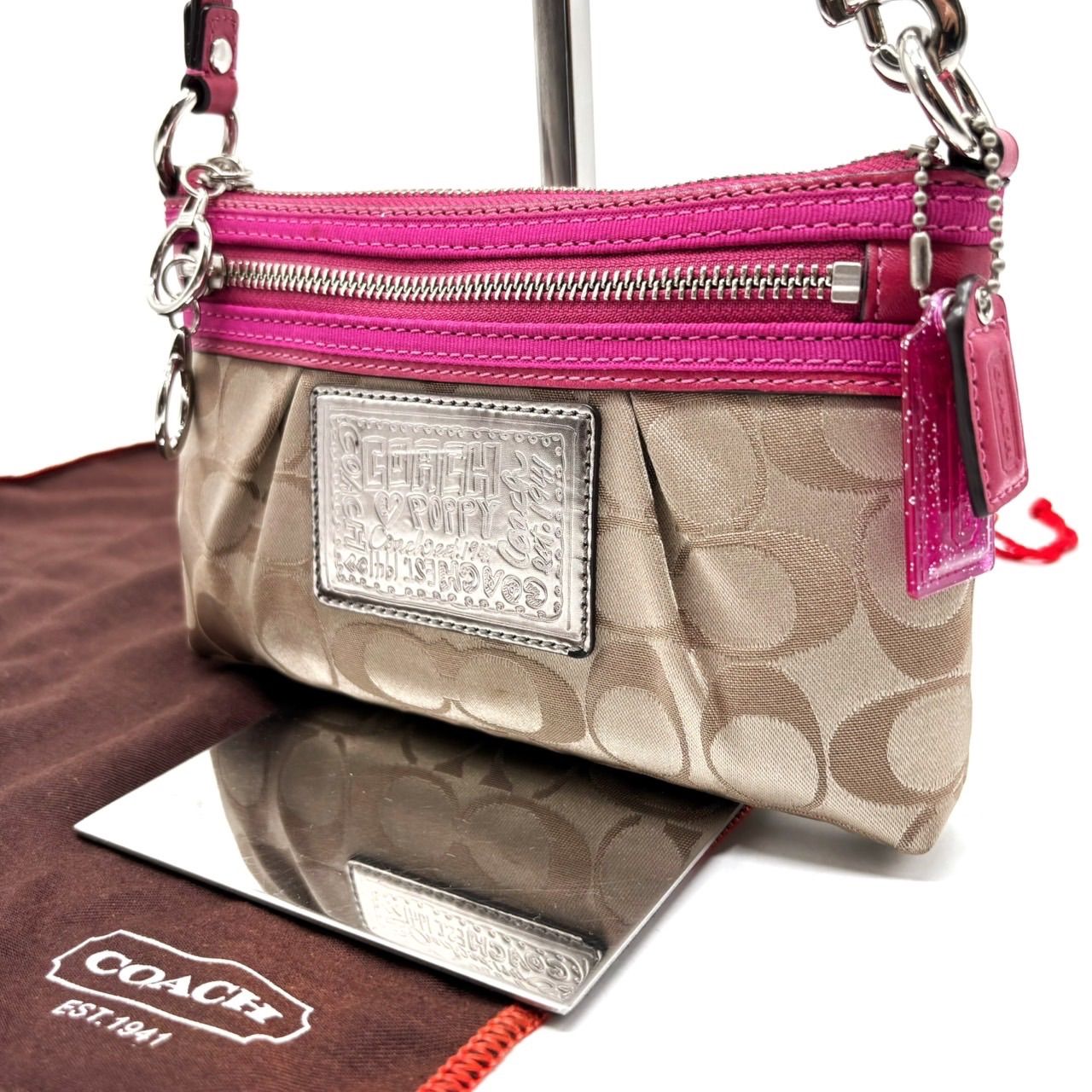 【良品】coach y2k poppy signature canvas silverparts handbag accessoryporch beige コーチ ハンドバッグ