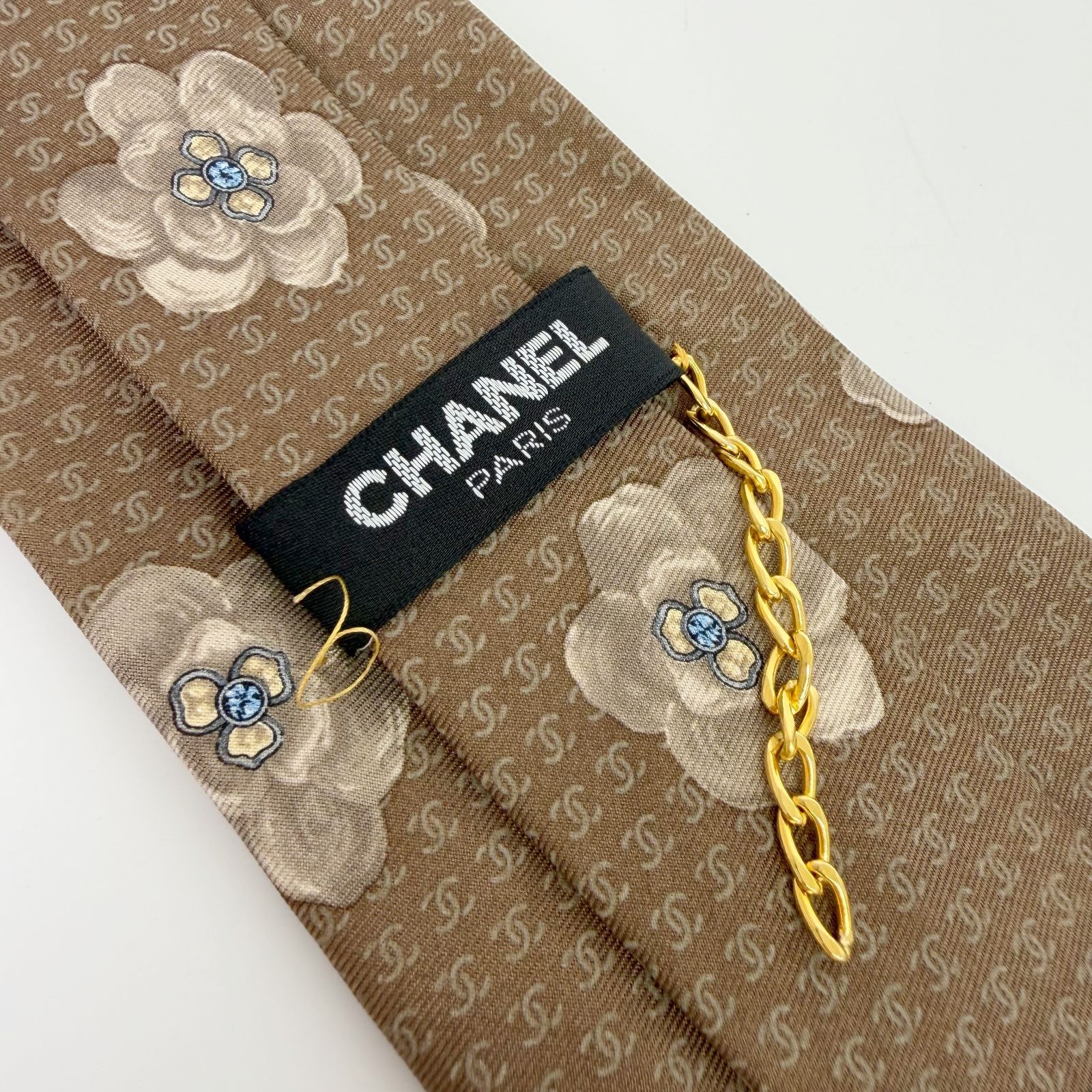 CHANEL シャネル ヴィンテージ シルクネクタイ カメリア チェーン ロゴ 中古】CHANEL シャネル カメリア ココマーク チェーンモチーフ