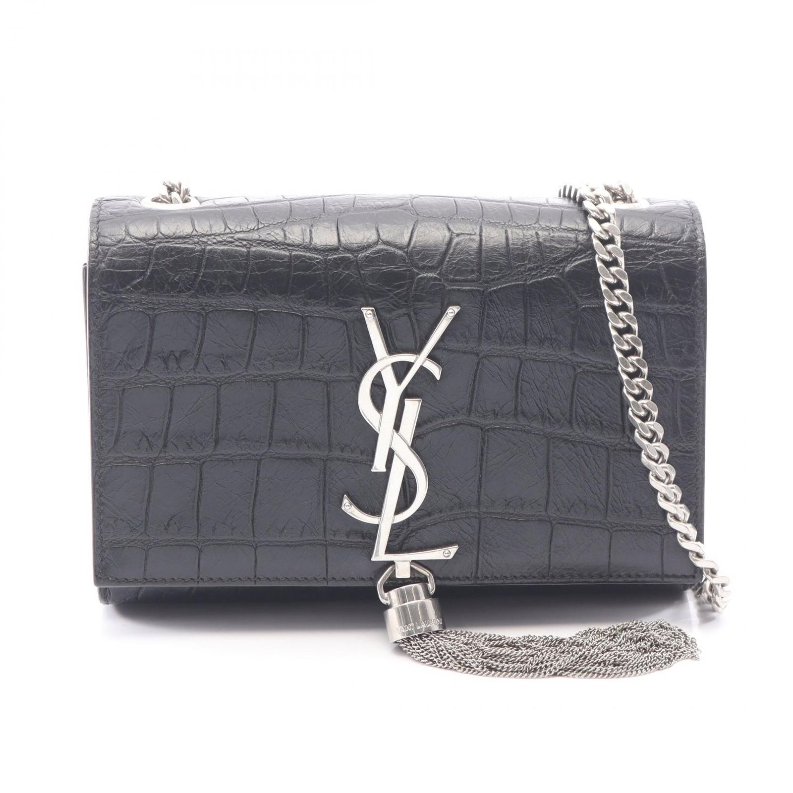 サンローランパリ SAINT LAURENT PARIS ショルダーバッグ ケイト モノグラム クロコ型押し ブラック レザー ケイト タッセル ミニ レディース Used A