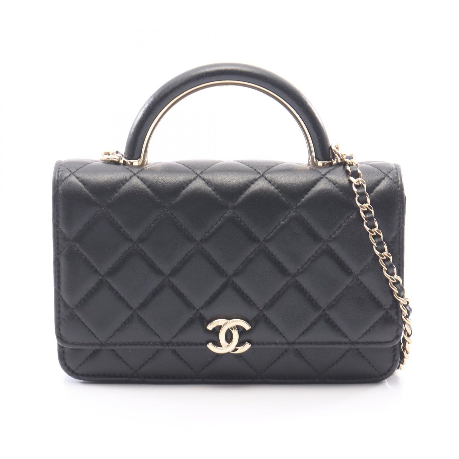 シャネル CHANEL ショルダーバッグ マトラッセ トップハンドル 2WAY ブラック ラムスキン（羊革） マトラッセ トップハンドル チェーンウォレット レディース