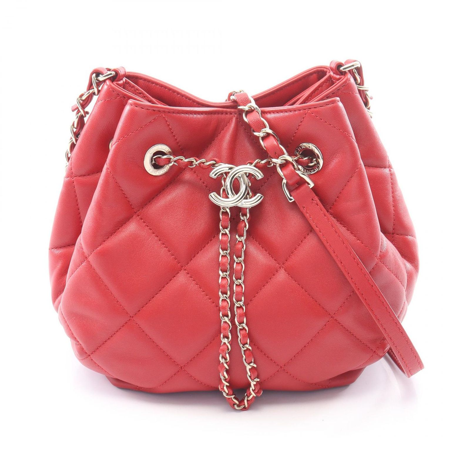 シャネル CHANEL ショルダーバッグ マトラッセ AS1801 レッド ラムスキン（羊革） マトラッセ ローストリング バケットバッグ レディース Used A