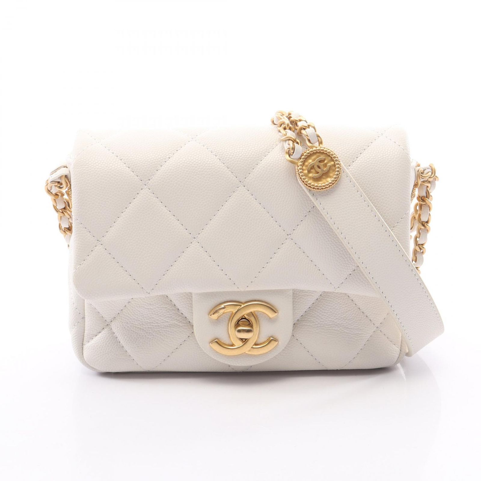 シャネル CHANEL ショルダーバッグ ミニマトラッセ ホワイト キャビアスキン(グレインドカーフ) マトラッセ スモールフラップ チェーンショルダー レディース