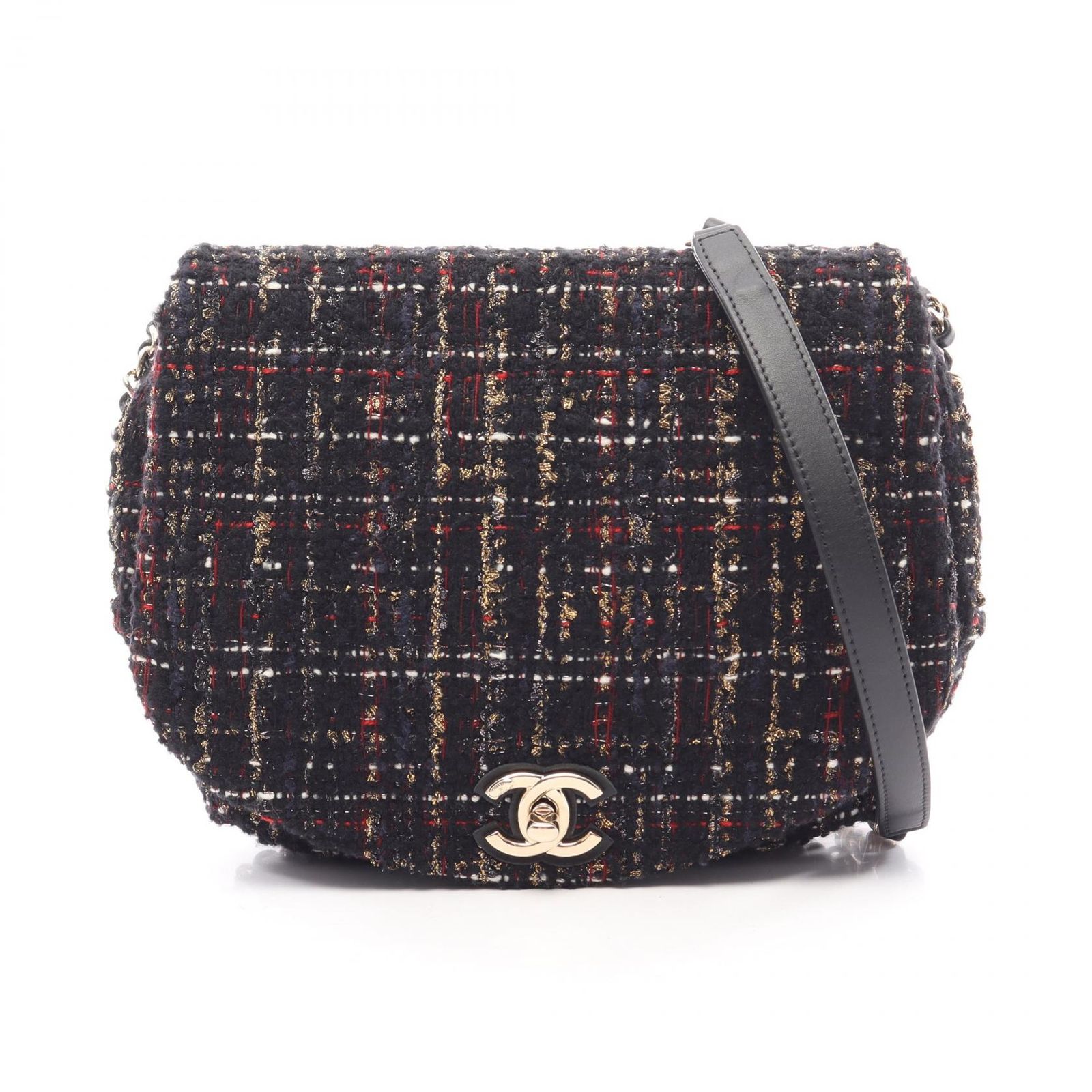 シャネル CHANEL ショルダーバッグ ココマーク ブラック/マルチカラー ファブリック レザー ラウンドフラップ チェーンショルダー レディース Used A