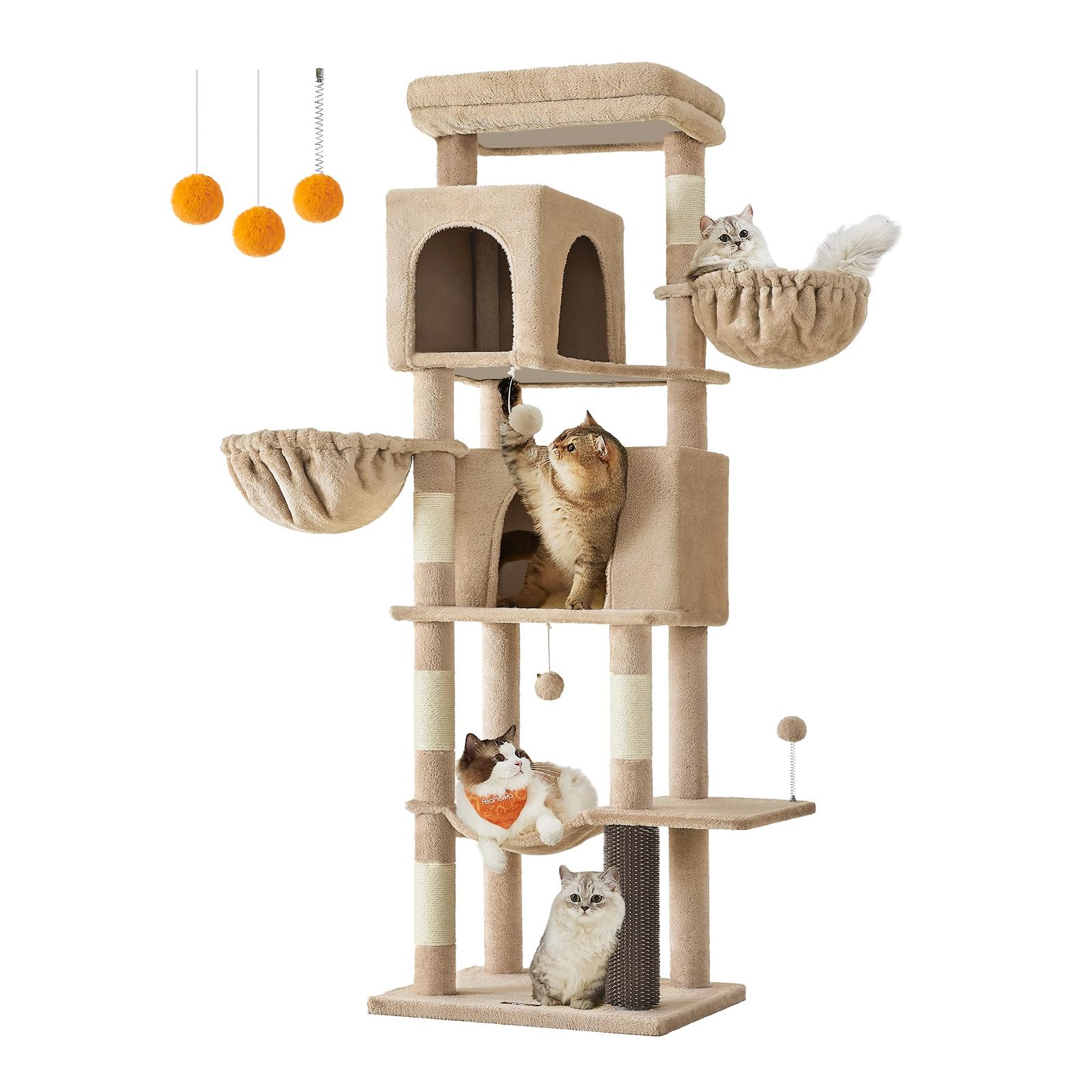 FEANDREA キャットタワー 猫タワー スリム 大型猫用 多頭飼い 据え置き 登りやすい 省スペース ハンモック 見晴台 ねこハウス ボンボン 天然麻紐 高さ175cm痒み止めブラシ付き ブラウン PCT182K01